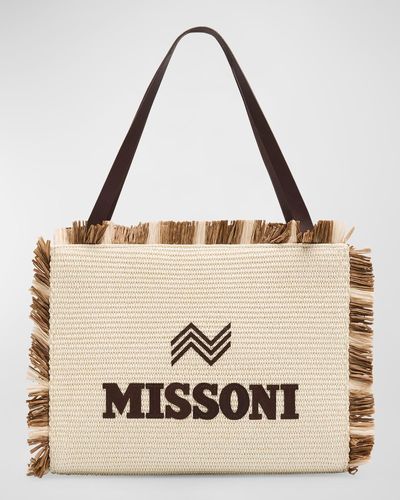 Missoni Medium Fringe Logo Straw Tote Bag - Natural