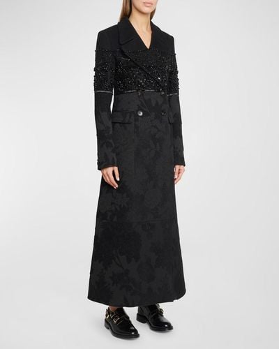 Erdem Floral Jacquard Embellished Long Double-Breasted Coat - Black