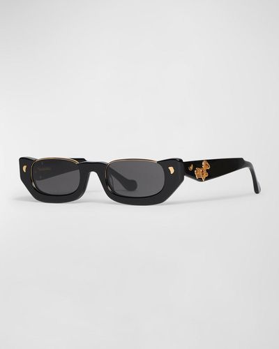 Nanushka Zorea Half-Rimmed Acetate Rectangle Sunglasses - Black