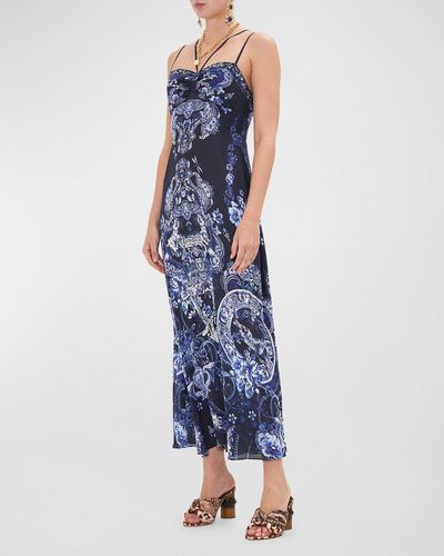 Camilla Silk Crepe Strap-Detail Midi Dress - Blue