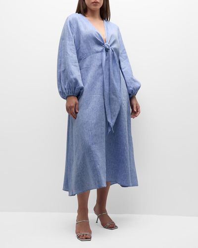 Harshman Plus Size Novella V-Neck Knot Balloon-Sleeve Midi Dress - Blue