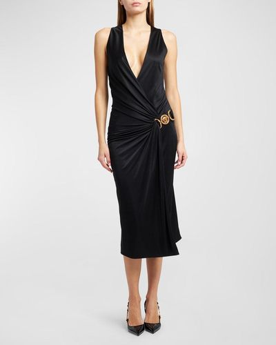 Versace Wrap-Front Jersey Midi Dress With Medusa Detail - Black