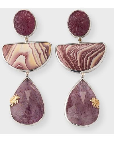 Stephen Dweck Hand-Carved Smoky Quartz, Ruby Jasper And Strawberry Quartz Earrings With Champagne Diamonds - Pink