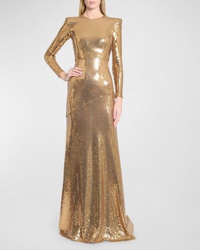 Alex Perry Sequined Strong-Shoulder Long-Sleeve Paneled Gown - Natural