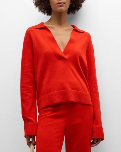 Jonathan Simkhai Cashmere Cotton Long-Sleeve Polo Sweater - Red