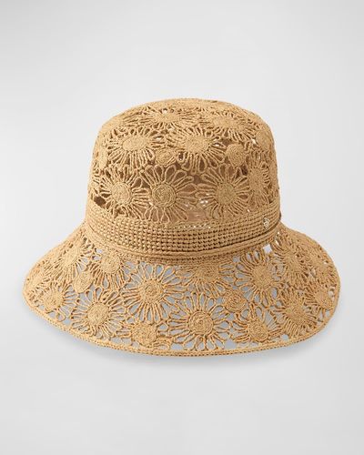 Helen Kaminski Floral Crocheted Retro Raffia Bucket Hat - Natural