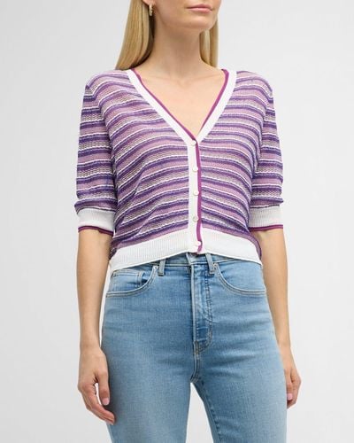 Veronica Beard Varia Striped Short-Sleeve Cardigan - Purple