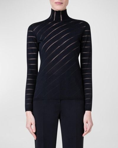 Akris Diagonal Stripe Fitted Mock-Neck Sweater - Blue