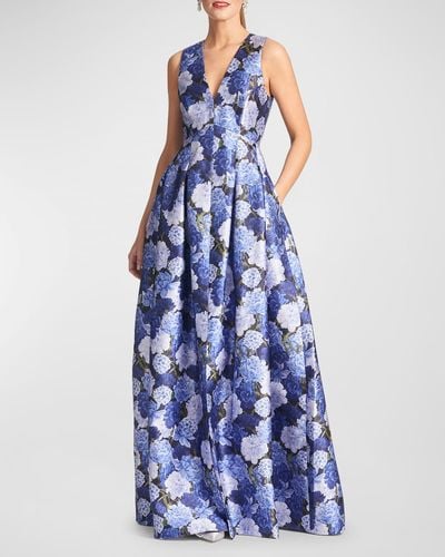 Sachin & Babi Brooke Pleated Floral-Print Gown - Blue
