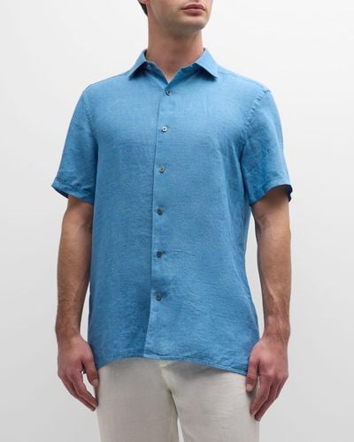 Zegna Linen Chambray Short-Sleeve Shirt - Blue