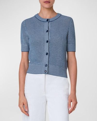 Akris Punto Wool Knit Short-Sleeve Button-Front Cropped Cardigan - Blue