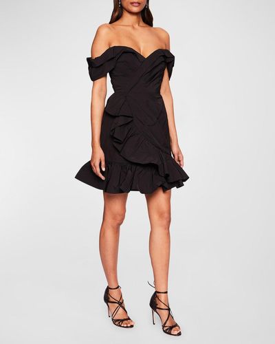 Marchesa Off-Shoulder Ruffle Taffeta Mini Dress - Black