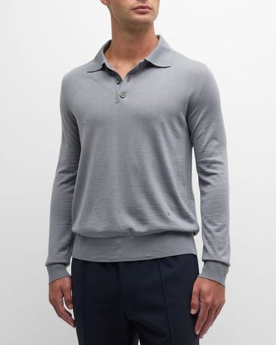 Isaia Wool-Silk Blend Polo Sweater - Gray
