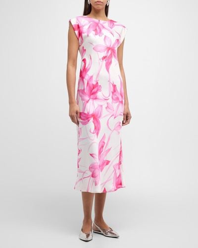 Marella Giostra Cap-Sleeve Floral-Print Midi Dress - Pink