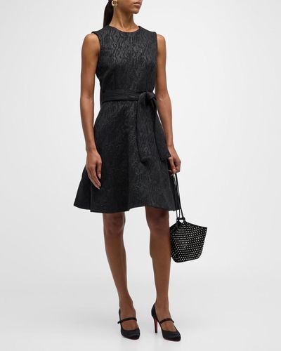 Natori Belted Metallic Jacquard Fit-&-Flare Mini Dress - Black