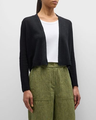 Eileen Fisher Petite Ribbed Open-Front Linen-Cotton Cardigan - Green
