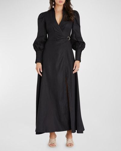 Aqua Blu Australia Celine French Linen Wrap Maxi Dress - Black