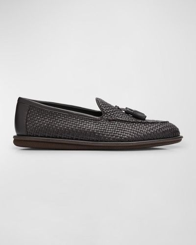 Giorgio Armani Woven Leather Tassel Loafers - Black