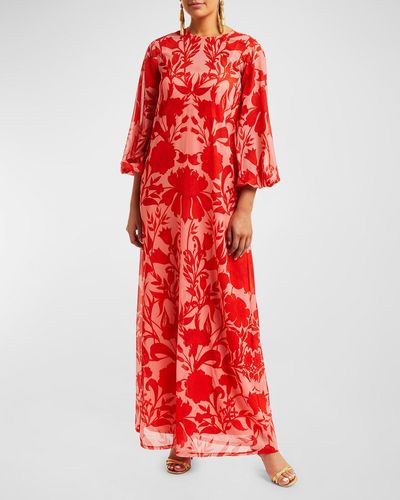 mestiza Luzon Blouson-Sleeve Floral-Print Chiffon Gown - Red