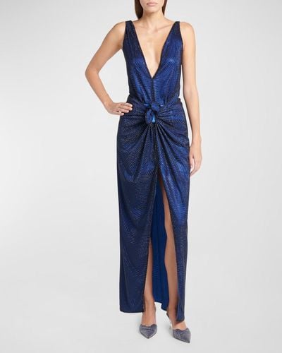 Giorgio Armani Beaded Embroidered Silk Gown With Knot Detail - Blue