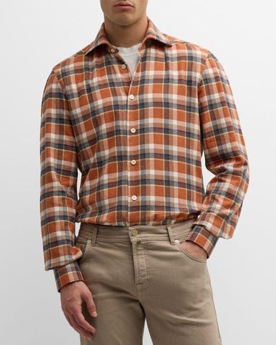 Kiton Cotton Plaid Sport Shirt - Brown