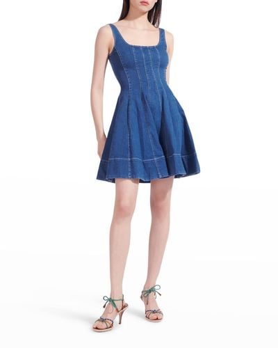 STAUD Wells Fit-&-Flare Denim Mini Dress - Blue