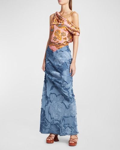 Etro Mixed-Media Draped One-Shoulder Low-Back Down - Blue