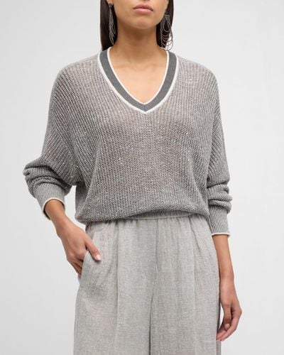 Brunello Cucinelli V-neck Linen Paillette Knit Varsity Sweater - Gray