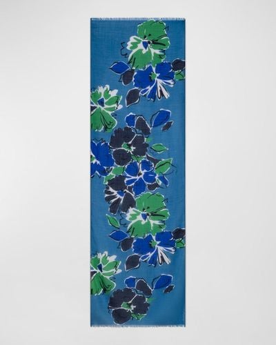 Akris Sketched Abraham Flower-Print Cashmere Silk Scarf - Blue