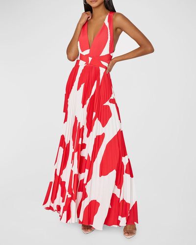 MILLY Oria Pleated Deep V-Neck Gown - Red