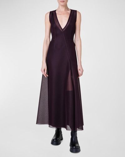 Akris Semi-Sheer Techno Grid Mesh Maxi Dress With Included Slip - Purple