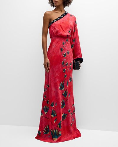 Saloni Lily One-Shoulder Floral Silk Kimono Gown - Red