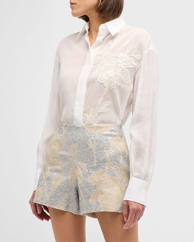Brunello Cucinelli Crispy Silk Button-Front Blouse With Raffia Magnolia Embroidery - White