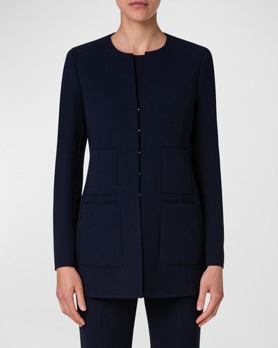 Akris Collarless Wool Double-Face Stretch Long Fitted Jacket - Blue
