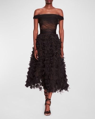 Marchesa Off-Shoulder Floral Applique Midi Dress - Black