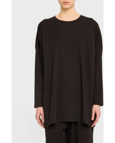 Eskandar Round Neck Long Sleeve Cotton T-Shirt - Black