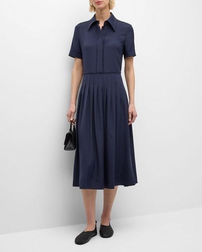 Lafayette 148 New York Pleated Organic Silk Georgette Midi Shirtdress - Blue
