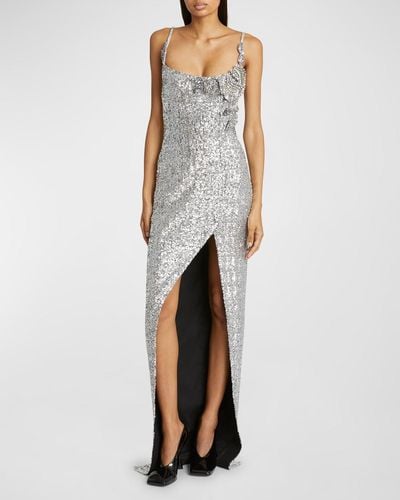 Balmain Sequined Column Gown With Rose Detail - White