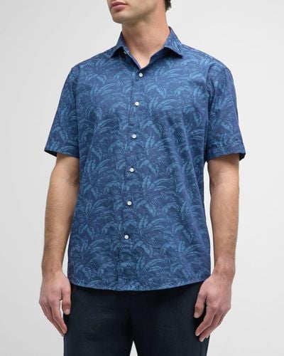 Peter Millar Marius Cotton Tropical-Print Short-Sleeve Shirt - Blue