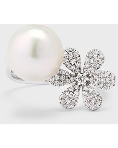 Pearls By Shari 18k White Gold South Sea Pearl And Daisy Flower Pot Ring, Size 6.5 - Multicolor