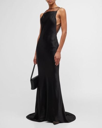 Maison Margiela Satin Open-Back Trumpet Gown With Sheer Detail - Black