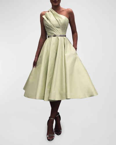 Romona Keveža Pleated One-Shoulder Fit-&-Flare Silk Midi Dress - Natural