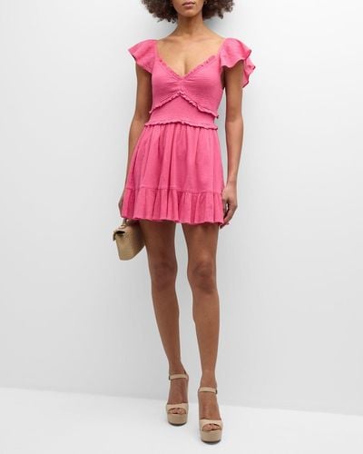 LoveShackFancy Ivella Smocked Ruffle-Sleeve Cotton Gauze Mini Dress - Pink