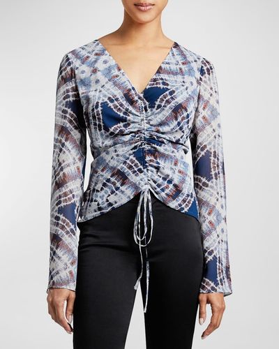 Santorelli Ravela Ruched Abstract-Print Blouse - Blue