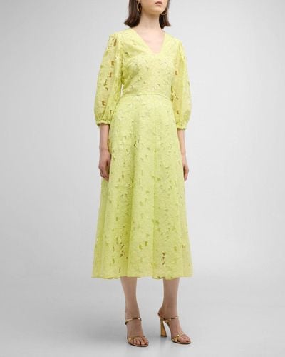 Maison Common Floral Lace 3/4-Sleeve Midi Dress - Yellow