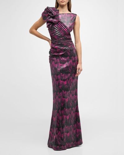 La Petite Robe Di Chiara Boni Pleated Abstract-Print Sequin Gown - Purple