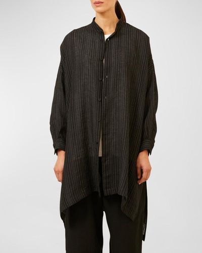 Eskandar Wide Longer-Back Collarless Shirt With Slits (Very Long Length) - Black