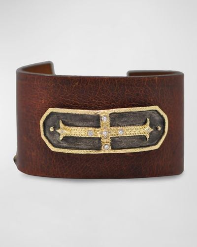 Armenta Wide Leather Cuff Bracelet W/ Diamonds - Brown