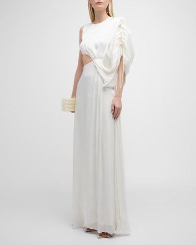 Halpern Draped-sleeve Waist-cutout Gown - White