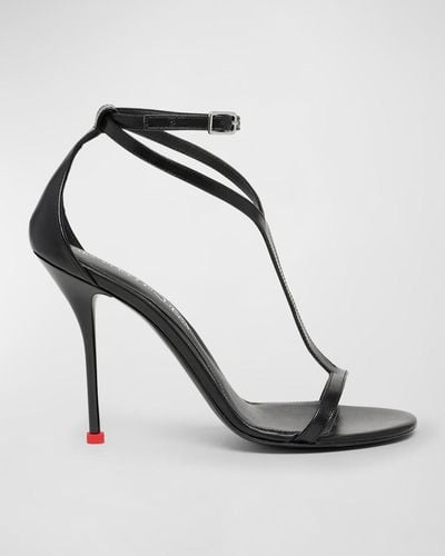 Alexander McQueen Harness Leather T-Strap Stiletto Sandals - White